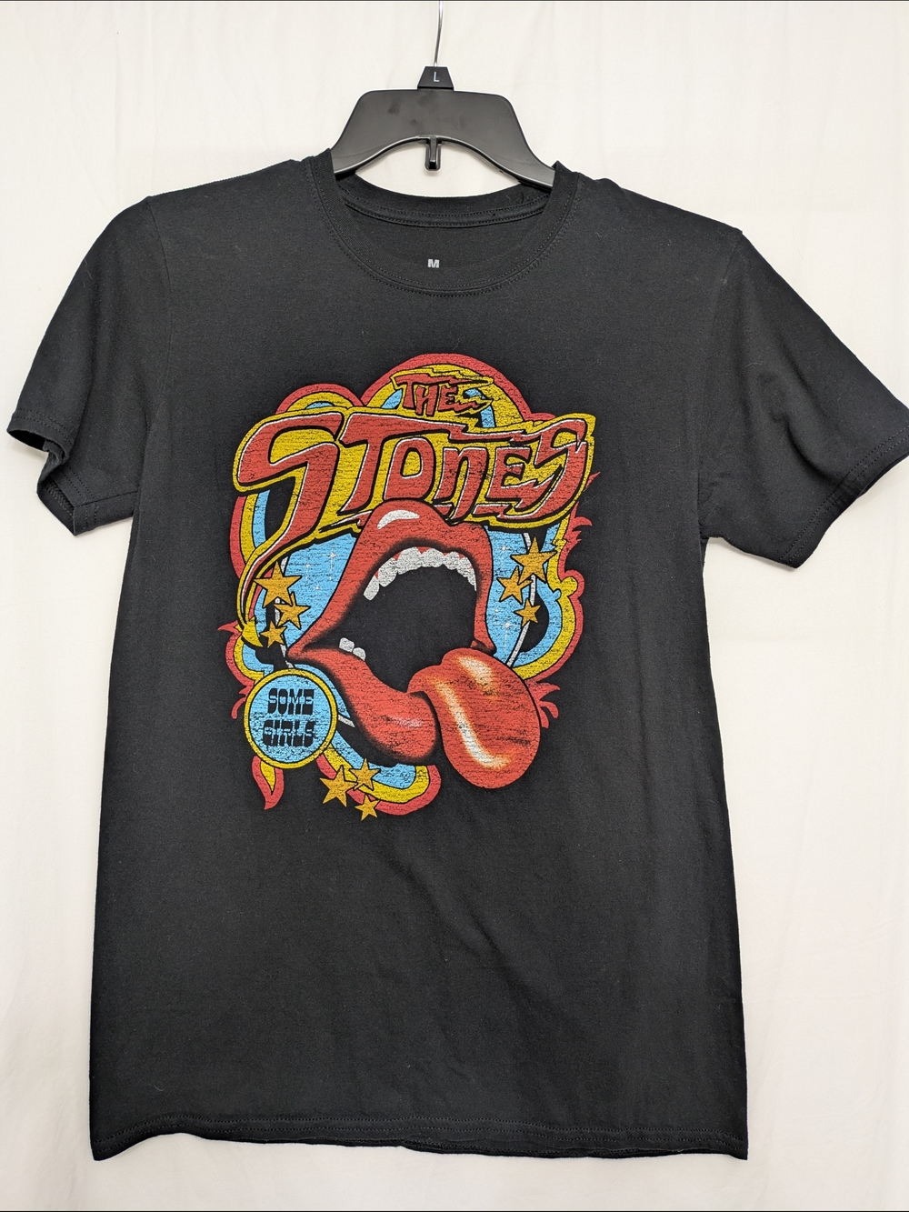 Rolling Stones Graphic T Shirt Womens Medium Black Distressed Band Tee Lips Tong